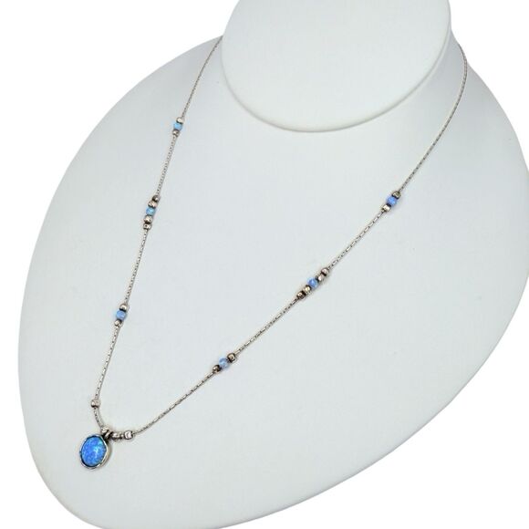 925 Sterling Silver Blue Fire Opal Pendant Necklace 19" Dainty Artisan Israeli - Picture 3 of 13